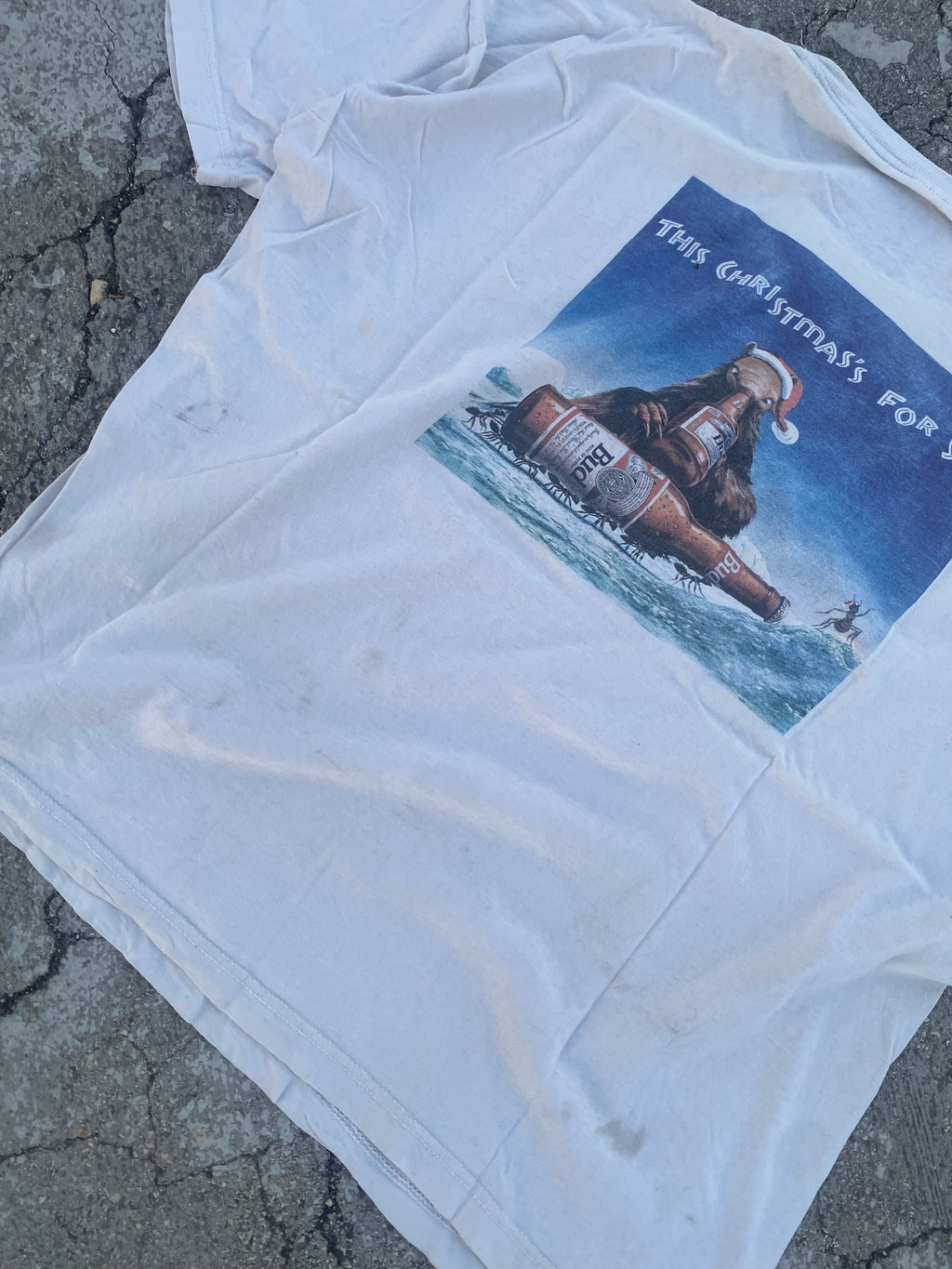 1990’S BUD BEER CHRISTMAS EDITION DIRTY WHITE TEE (XL)