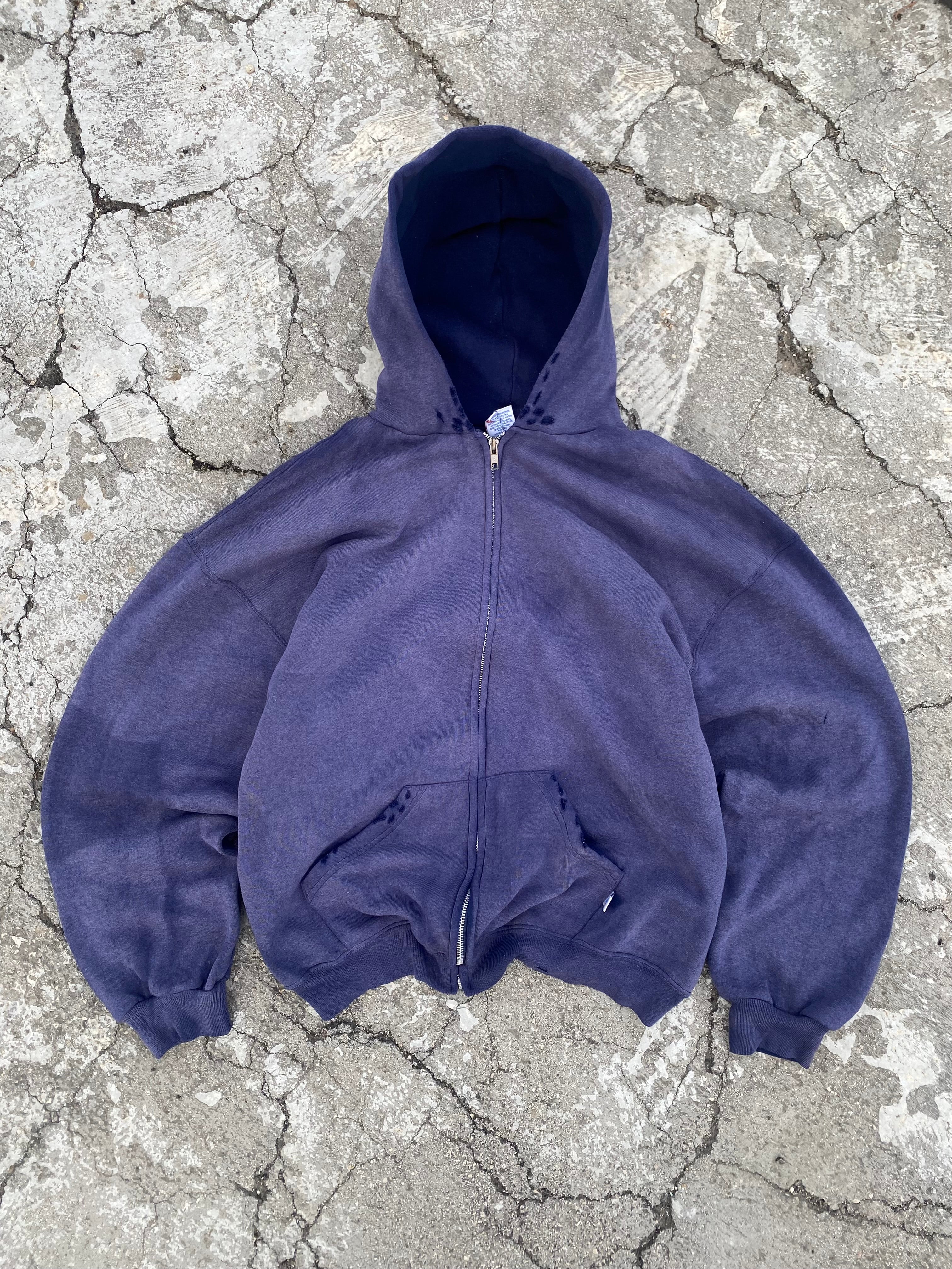 2000'S SUN FADE RUSSELL ATHLETIC BLANK DISTRESSED ZIP UP HOODIE (L)