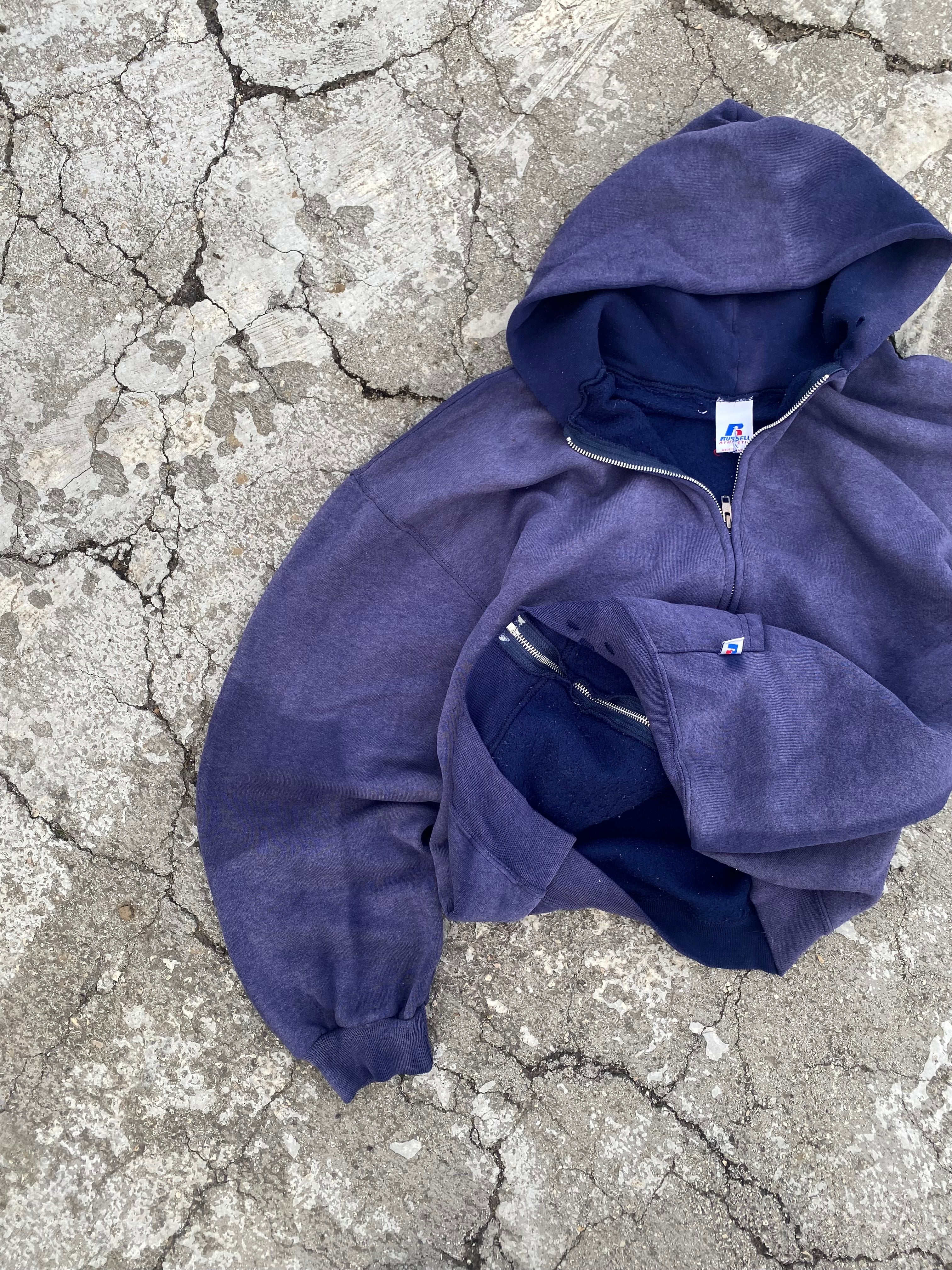 2000'S SUN FADE RUSSELL ATHLETIC BLANK DISTRESSED ZIP UP HOODIE (L)