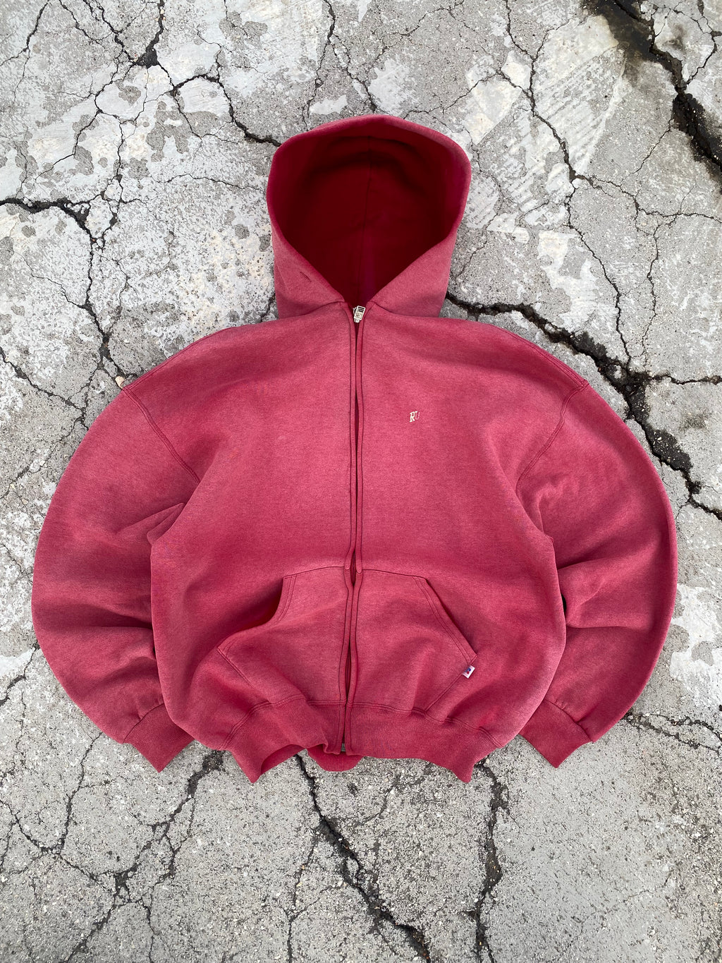 1990'S SUN FADE RUSSELL ATHLETIC ZIP UP HOODIE (XL)
