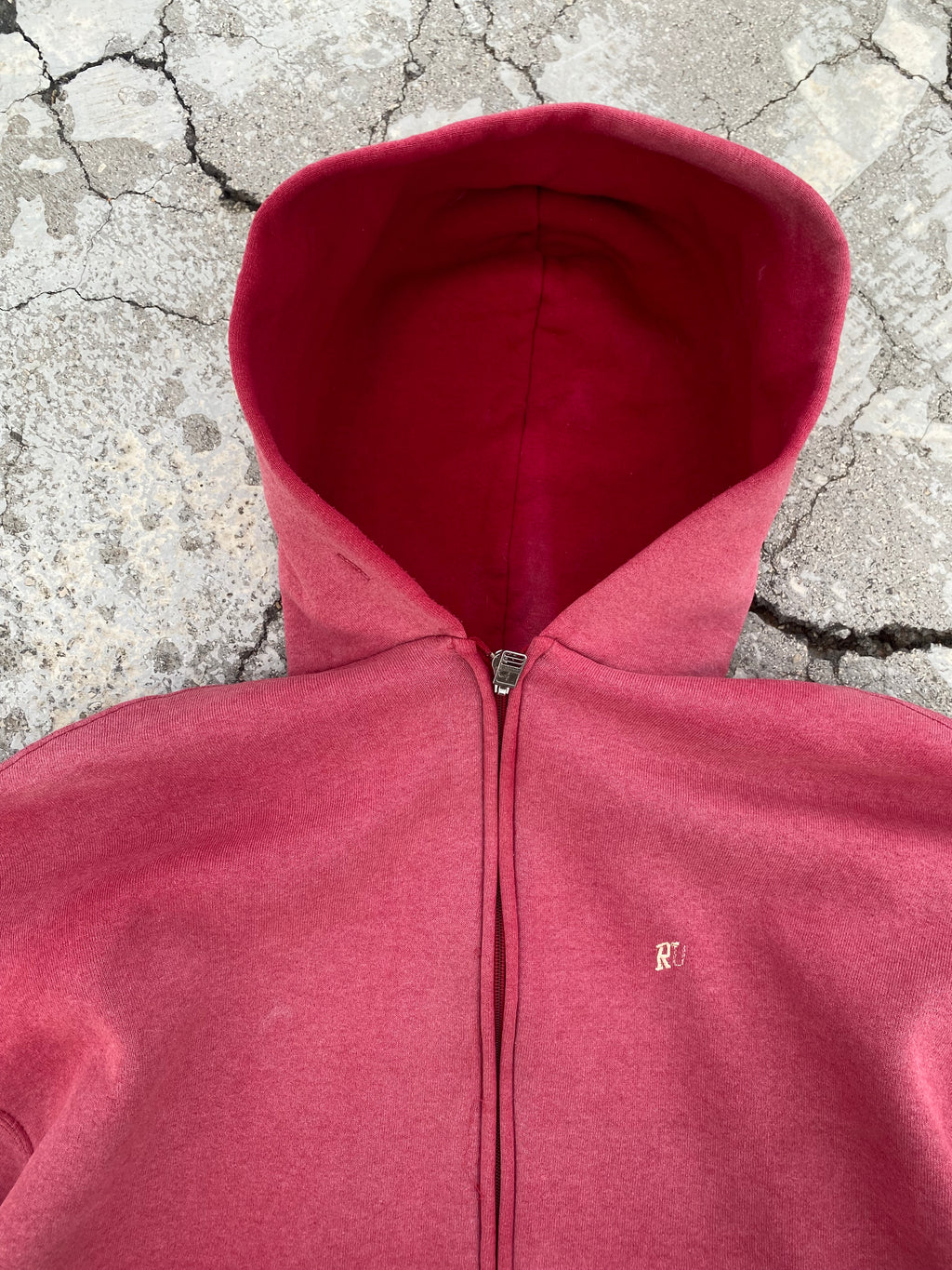 1990'S SUN FADE RUSSELL ATHLETIC ZIP UP HOODIE (XL)