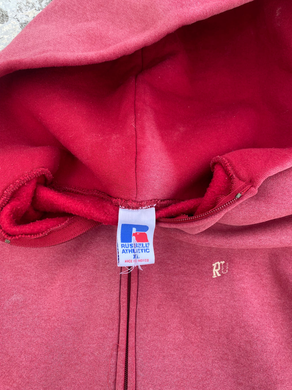 1990'S SUN FADE RUSSELL ATHLETIC ZIP UP HOODIE (XL)